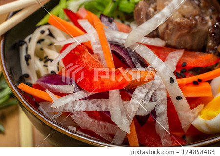 Beef Tail Soup with Egg and Vegetables, Japanese 124858483
