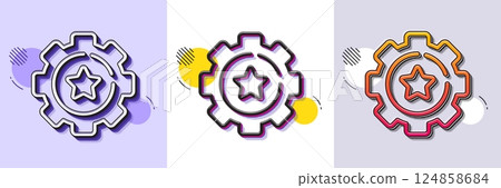 Settings gear line icon. Halftone dotted pattern. Gradient icon with grain shadow. Cogwheel with star sign. Working process symbol. Line settings gear icon. Various designs. Vector 124858684