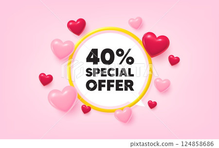 Discount frame banner. Speech bubble offer. 40 percent discount offer tag. Sale price promo sign. Special offer symbol. 3d hearts love tag. Golden frame banner. Vector 124858686
