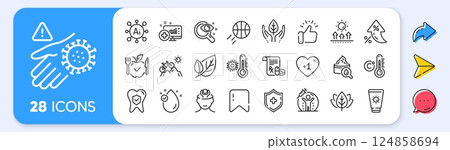 Vaccine protection, Medical analytics and Organic tested line icons. Interest rate, AI generate, Inflation icons. Pack of Medical shield, Celsius thermometer, Dental insurance icon. Vector 124858694
