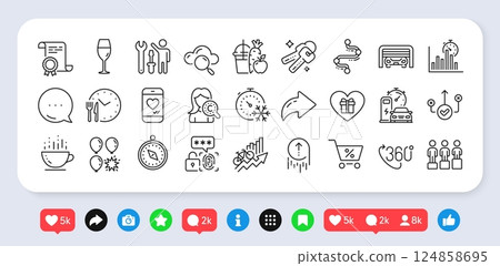 Special offer, Cloud computing and Romantic gift line icons pack. Social media: share, comment, like icons. Freezing timer, Travel compass, Love chat web icon. Vector 124858695