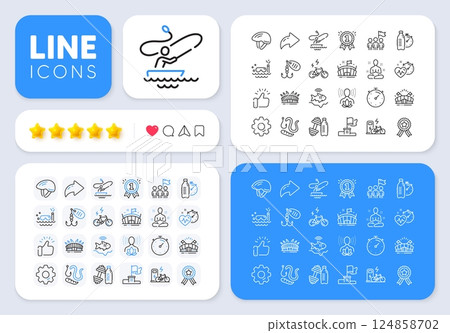 Scuba diving, Yoga and Worms line icons for web app. Message, Share, Like social media icons. Pack of Timer, Fishing lure, Arena pictogram icons. Electric bike, Boat fishing, Winner flag signs. Vector 124858702