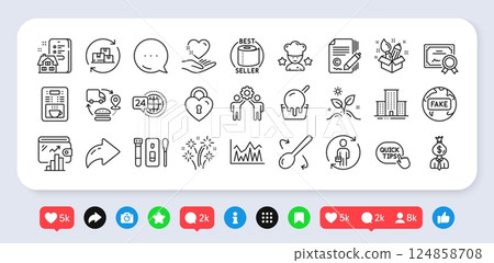 Hold heart, Cooking spoon and University campus line icons pack. Social media: share, comment, like icons. Manager, Property agency, Toilet paper web icon. Vector 124858708