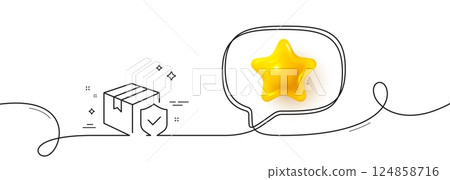 Parcel insurance line icon. Continuous line with 3d star. Risk coverage sign. Package delivery protection symbol. 3d star in speech bubble. Parcel insurance single line ribbon. Vector Parcel insurance line icon. Continuous line with 3d star. Risk coverage sign. Package delivery protection symbol. 3d star in speech bubble. Parcel insurance single line ribbon. Vector 124858716