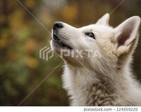 Dire Wolf Howling Puppy. Science Revival of Canis Breed. Close-up image of white cute wolf cub. 124859220