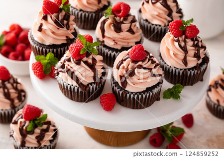 Raspberry chocolate cupcakes with raspberry buttercream frosting a drizzle of chocolate glaze Raspberry chocolate cupcakes with raspberry buttercream frosting a drizzle of chocolate glaze 124859252