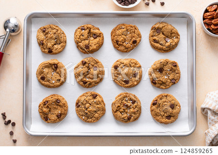 Chocolate chip cookies with pecan nuts, freshly baked cookies on a baking sheet 124859265