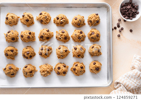 Chocolate chip cookies with pecan nuts, cookie dough ready on a baking sheet 124859271