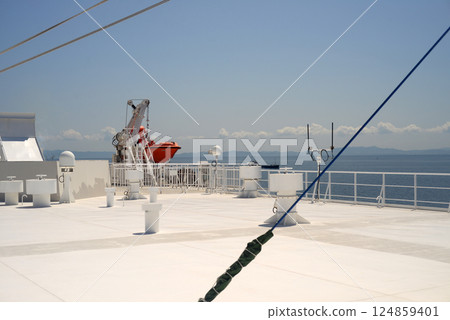 Ferryboat roof deck and lifeboat 124859401