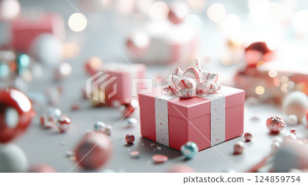 一個帶有可愛粉紅絲帶和飄落雪花的禮品盒。一個禮品盒。紅色或粉紅色的可愛禮物。 124859754