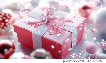 A gift box with a cute pink ribbon and snowflakes falling. A present box. A cute gift in red or pink. 124859763