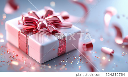 A gift box with a cute pink ribbon and snowflakes falling. A present box. A cute gift in red or pink. 124859764
