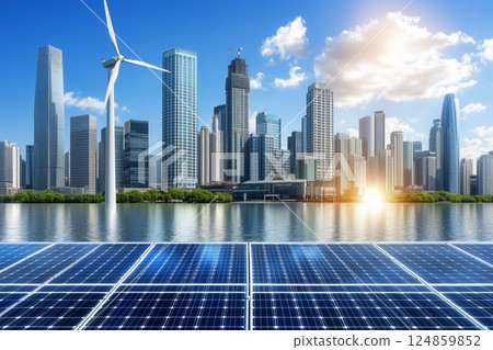 Urban Renewable Energy Landscape Featuring Solar Panels and Wind Turbines in a Modern City 124859852