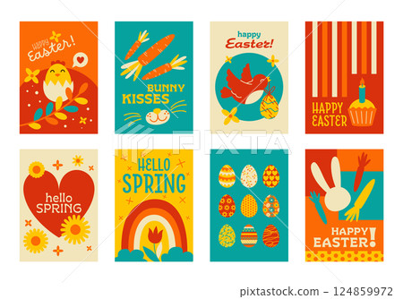 Cute collection of Easter cards and posters in flat style. Minimalistic vector set of Easter cartoon illustrations and designs. Christian holiday. Colorful templates for printing and decoration. 124859972
