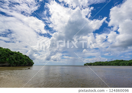 A view of Ishigaki Island's natural beauty with a striking contrast between the blue sky and clouds A view of Ishigaki Island's natural beauty with a striking contrast between the blue sky and clouds 124860096