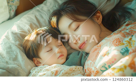 Close-up of a mother and her toddler taking a nap together 124860312