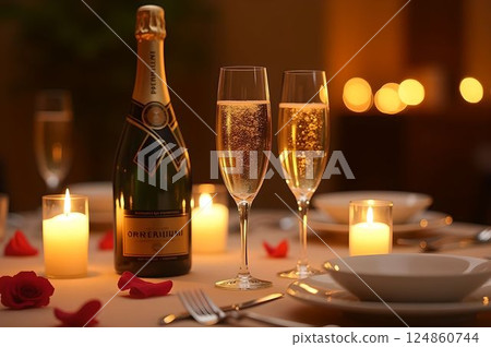 Elegant setting for a romantic candlelight dinner and champagne 41 AI-generated image 124860744