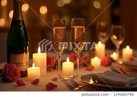 Elegant setting for a romantic candlelight dinner and champagne 43 AI-generated image 124860746