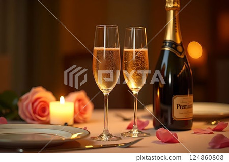 33 Elegant Settings for Romantic Candlelight Dinner and Champagne AI-Generated Images 124860808