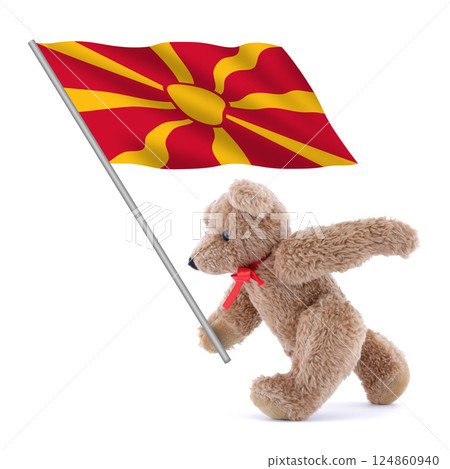 North Macedonia flag being carried by a cute teddy bear 124860940
