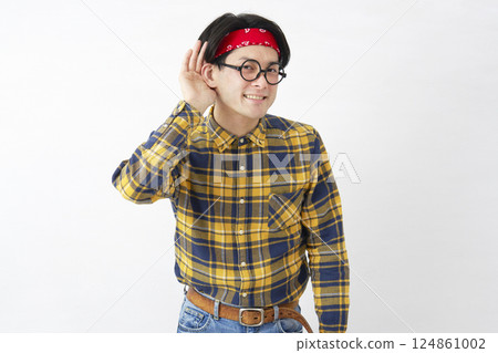Akihabara-style man listening with hand on ear, white background 124861002