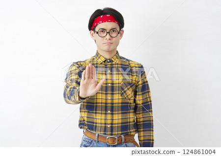 Akihabara-style male, prohibition gesture, white background 124861004