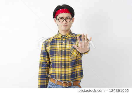 Akihabara-style male, prohibition gesture, white background 124861005
