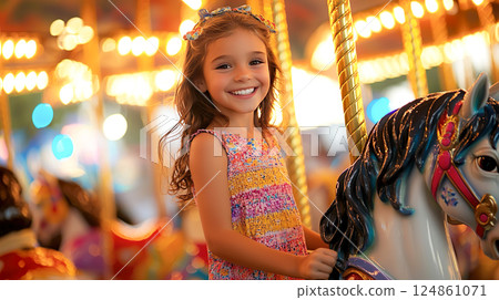 Smiling Caucasian girl happily riding on a merry-go-round horse 124861071