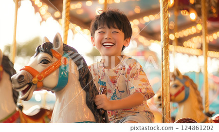 A smiling boy having fun riding a merry-go-round horse 124861202