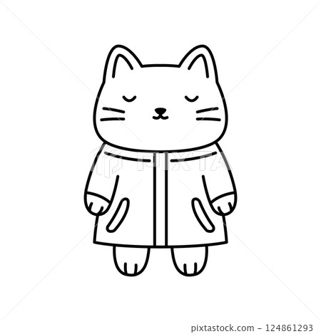 Funny Cat Kitten Pet Animal Cartoon Character Wearing Jacket Coat Raincoat in Line Art Design 124861293