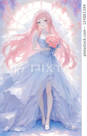 秋天的新娘。穿著純白色婚紗的粉紅頭髮女孩/漫畫風格的AI插圖 124861394