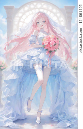 夏日新娘。穿著純白色婚紗的粉紅頭髮女孩/漫畫風格的AI插圖 124861395