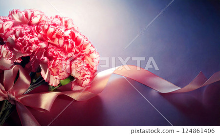 粉紅色背景上的康乃馨花束。母親節圖片。表達感激之情。 粉紅色背景上的康乃馨花束。母親節圖片。表達感激之情。 124861406