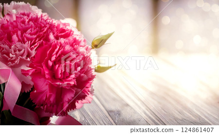 Bouquet of carnations on a pink background. Mother's Day image. Expressing gratitude. 124861407