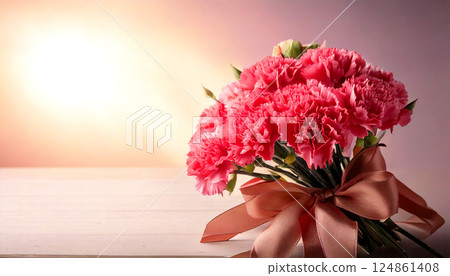 Bouquet of carnations on a pink background. Mother's Day image. Expressing gratitude. 124861408