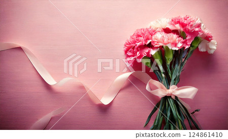 Bouquet of carnations on a pink background. Mother's Day image. Expressing gratitude. 124861410