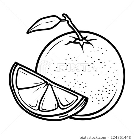 Outline orange fruit whole and slice icon. Hand drawn black line sketch on white background. Logo template. Vector illustration Outline orange fruit whole and slice icon. Hand drawn black line sketch on white background. Logo template. Vector illustration 124861448
