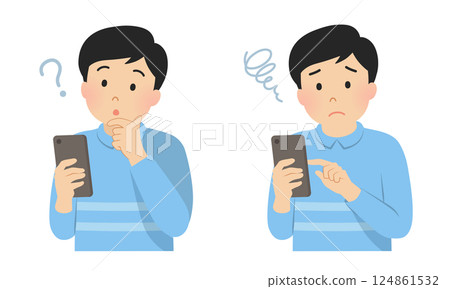 Set of men having trouble operating a smartphone_Vector illustration Set of men having trouble operating a smartphone_Vector illustration 124861532