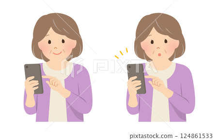 一組操作智慧型手機的高階女性_向量插圖 124861533