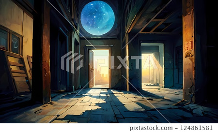Game background: A back alley of an abandoned building before dawn, a collapsed room, indoor scenery, anime movie style 124861581