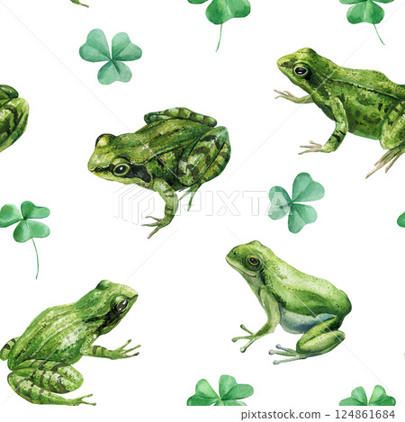 watercolor seamless pattern with green frogs in various poses and clovers on white background design, nature themes, art 124861684