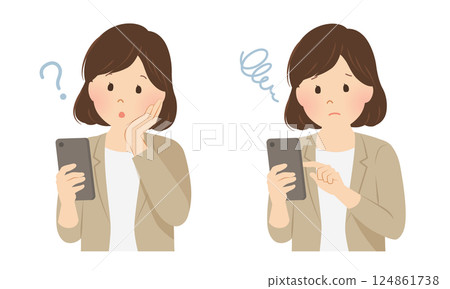 一組在操作智慧型手機時遇到困難的女性商務人士_向量插圖 124861738