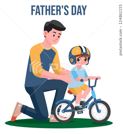 Father's Day concept with a cartoon illustration of a father helping his young son learn to ride a balance bike. Vector illustration eps10 Father's Day concept with a cartoon illustration of a father helping his young son learn to ride a balance bike. Vector illustration eps10 124862155