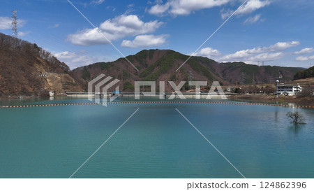 Lake Miwa and Miwa Dam (aerial view) - Ina City, Nagano Prefecture, Japan Lake Miwa and Miwa Dam (aerial view) - Ina City, Nagano Prefecture, Japan 124862396