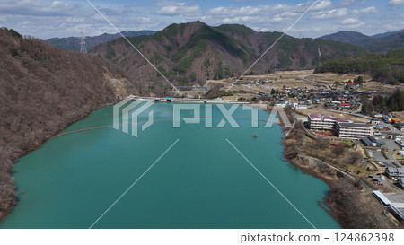 Lake Miwa and Miwa Dam (aerial view) - Ina City, Nagano Prefecture, Japan Lake Miwa and Miwa Dam (aerial view) - Ina City, Nagano Prefecture, Japan 124862398