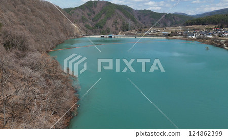 Lake Miwa and Miwa Dam (aerial view) - Ina City, Nagano Prefecture, Japan Lake Miwa and Miwa Dam (aerial view) - Ina City, Nagano Prefecture, Japan 124862399