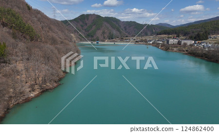 Lake Miwa and Miwa Dam (aerial view) - Ina City, Nagano Prefecture, Japan Lake Miwa and Miwa Dam (aerial view) - Ina City, Nagano Prefecture, Japan 124862400