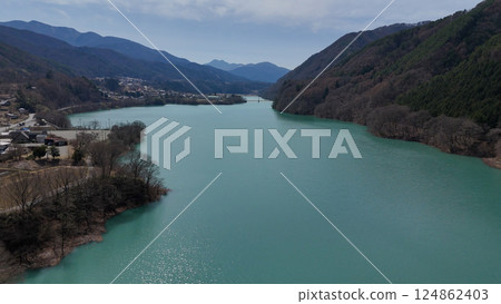 Lake Miwa and Miwa Dam (aerial view) - Ina City, Nagano Prefecture, Japan Lake Miwa and Miwa Dam (aerial view) - Ina City, Nagano Prefecture, Japan 124862403