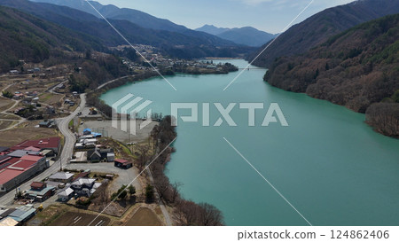 Lake Miwa and Miwa Dam (aerial view) - Ina City, Nagano Prefecture, Japan Lake Miwa and Miwa Dam (aerial view) - Ina City, Nagano Prefecture, Japan 124862406