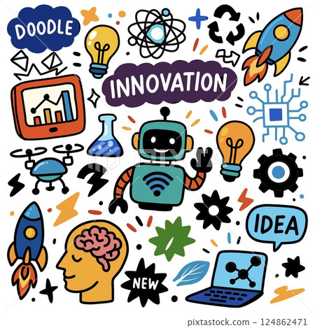 Colorful innovation and technology doodle icons set Colorful innovation and technology doodle icons set 124862471